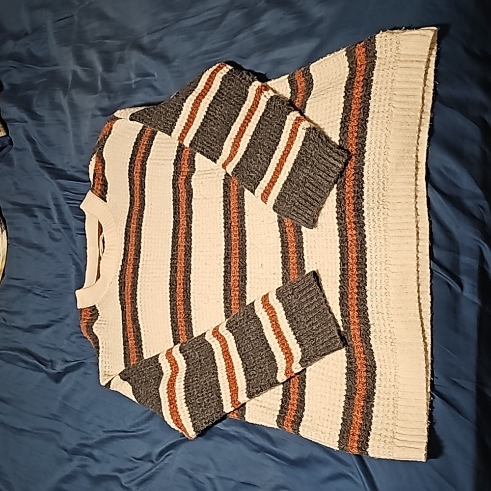 American Eagle Women's Oversized Sweater White/Gray/Burnt Orange Striped Medium